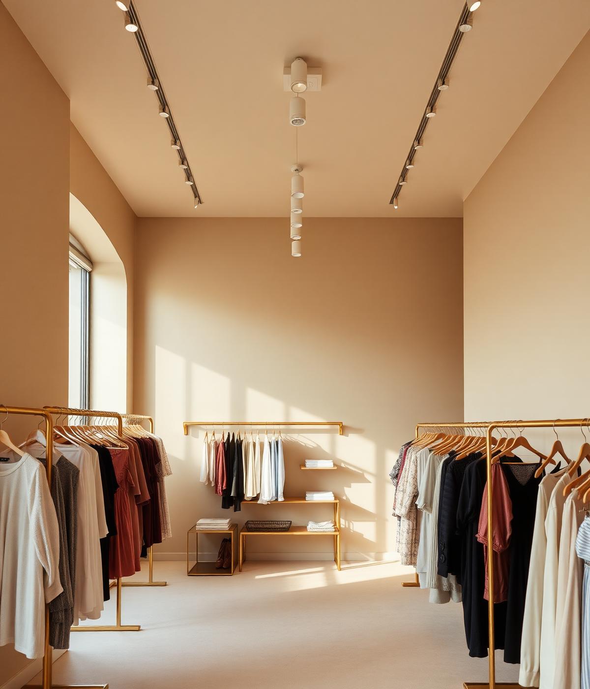 Interior da boutique Donasuof com araras douradas e peças femininas
