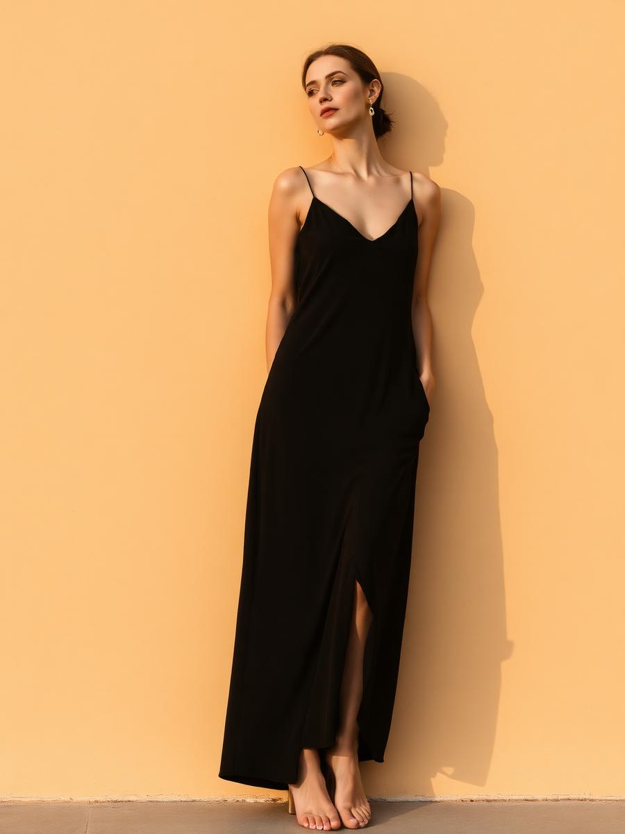 Modelo com vestido preto de alcinha