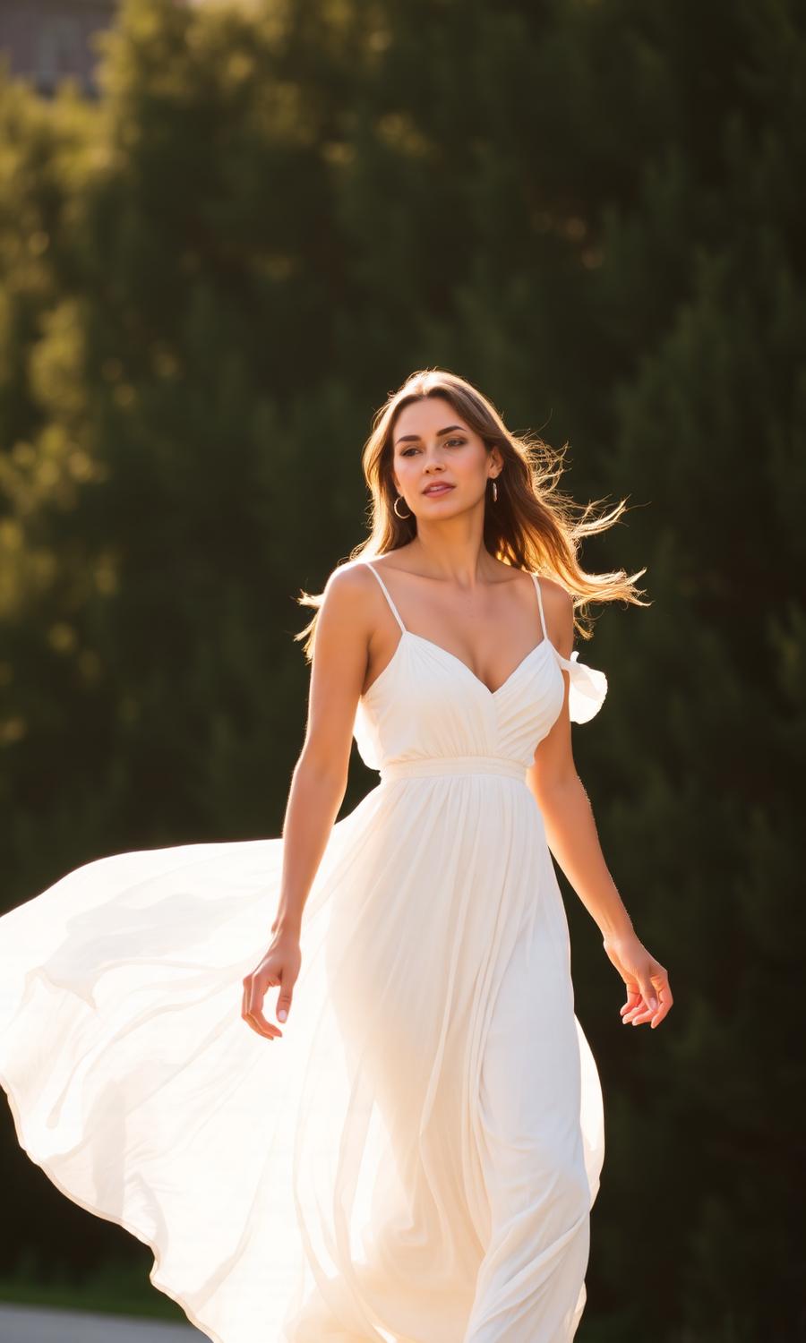 Modelo com vestido branco fluido ao entardecer